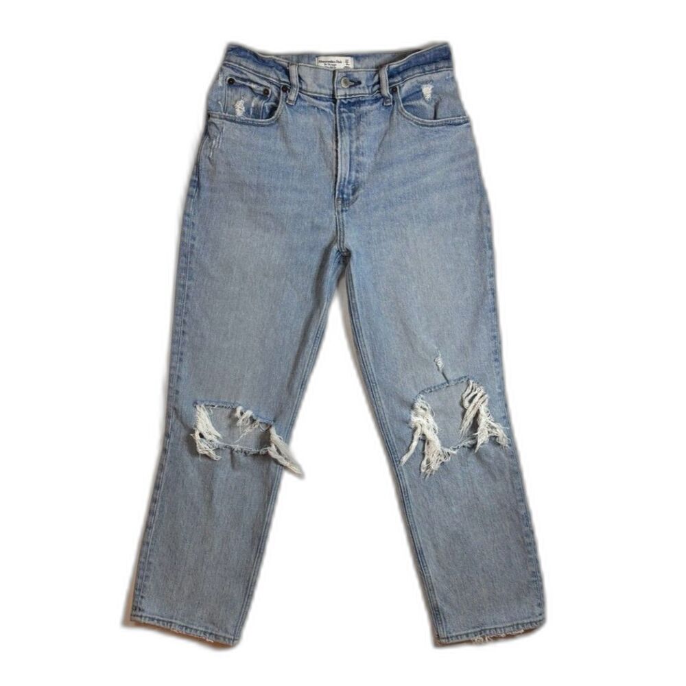 Abercrombie Y2K Coquette Straight High Rise Distressed Jeans Light Wash Sz 27